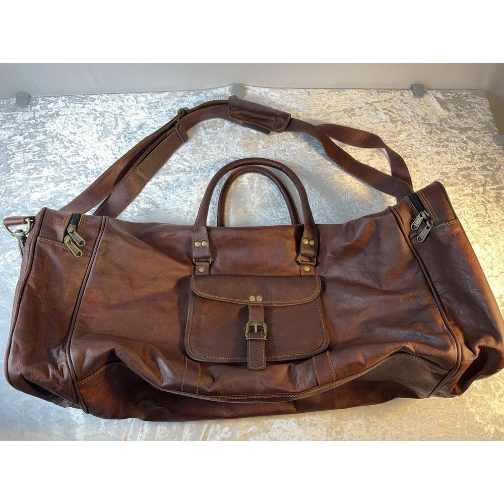 Vintage Handmade Leather Duffle Bag 27" Brown Weekender Travel Carryall